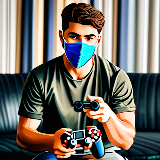 video game player with mask and playing