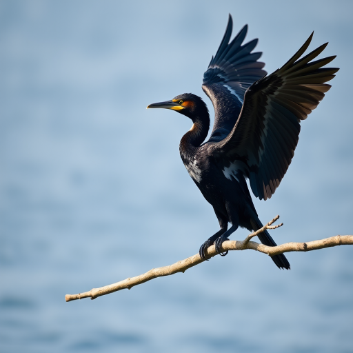 Create a high-resolution image of a cormorant spreading its wings while perched on a branch, captured in natural daylight using a Canon EOS R5 with a 70-200mm f/2.8 lens, aperture set to f/4, shutter speed 1/1000s, and ISO 200 for optimal clarity, with a shallow depth of field to blur the background and enhance the subject.