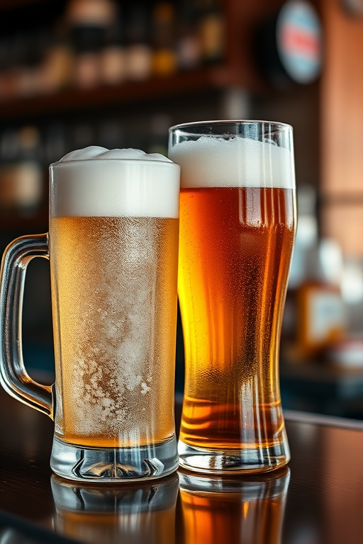 Capture a close-up shot of two beer glasses on a bar counter, one a frosty mug and the other a tall pint glass, with emphasis on the frothy tops and vibrant golden hues, using a DSLR camera with a 50mm lens, aperture set to f/2.8 for shallow depth of field, natural lighting to enhance colors, and focus on texture details of the foam and glass.