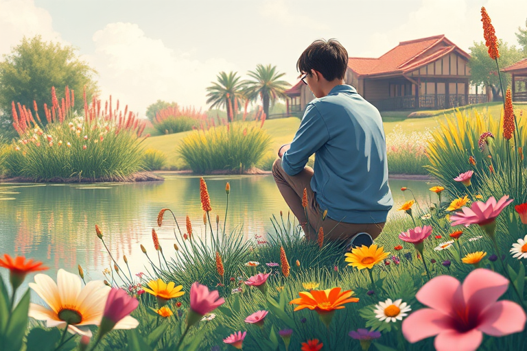 Create a highly detailed and vibrant illustration of a person kneeling and observing flowers beside a serene water source, using a Canon EOS R5 camera at ISO 100, aperture f/2.8, shutter speed 1/250s, shot from a low angle for an intimate perspective, in a fine art style to enhance the image quality.