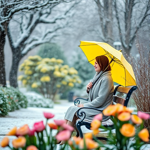 Create an image of a woman sitting on a bench with a yellow umbrella in a snowy garden filled with blooming flowers, captured in soft focus with a DSLR camera, aperture f/2.8, shutter speed 1/250s, ISO 200, using a wide-angle lens at a 35mm focal length.