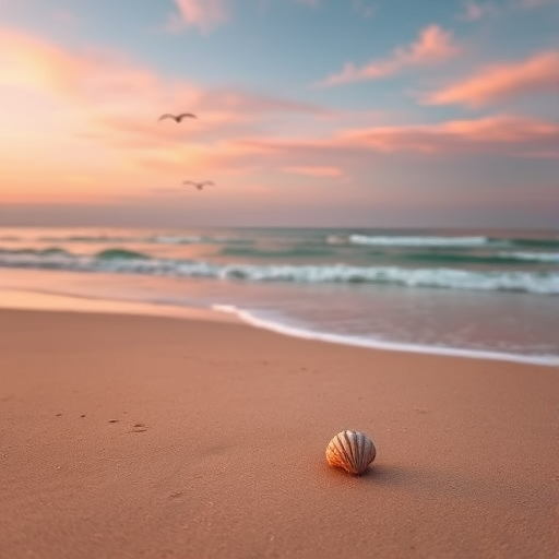 Sharp, high-resolution image of a deserted beach at dawn, soft pink and orange hues painting the sky, gentle waves lapping at the shore, a lone seashell resting on the sand, distant seagulls flying overhead, the peaceful stillness of the early morning captured.