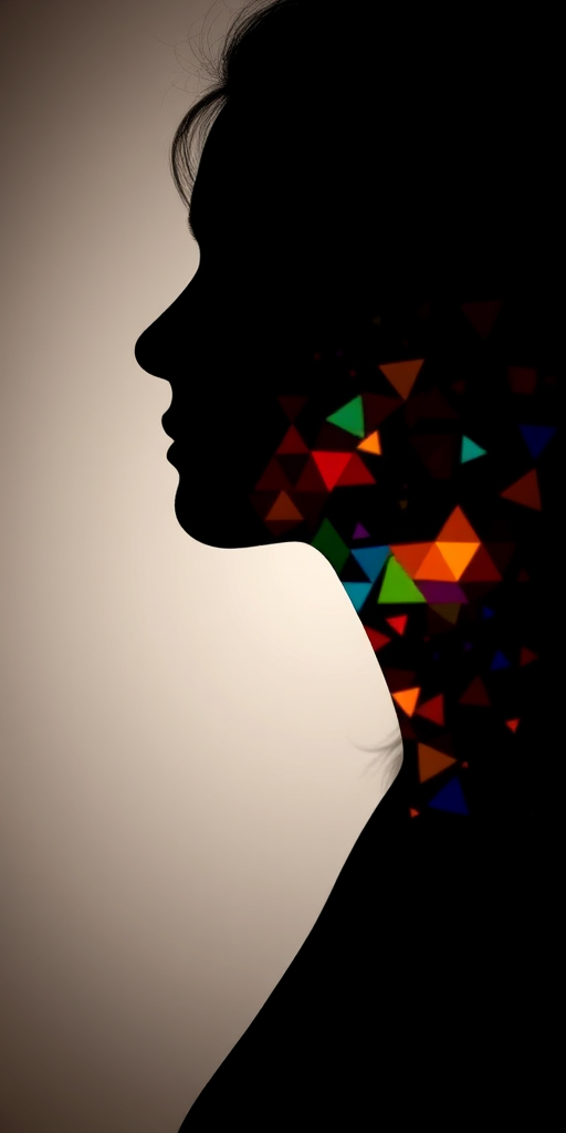 Create an abstract profile silhouette filled with colorful pixel-like shapes, use a 50mm lens, aperture f/1.8, ISO 200, shoot with a digital mirrorless camera from a side view at eye level for enhanced detail and clarity.