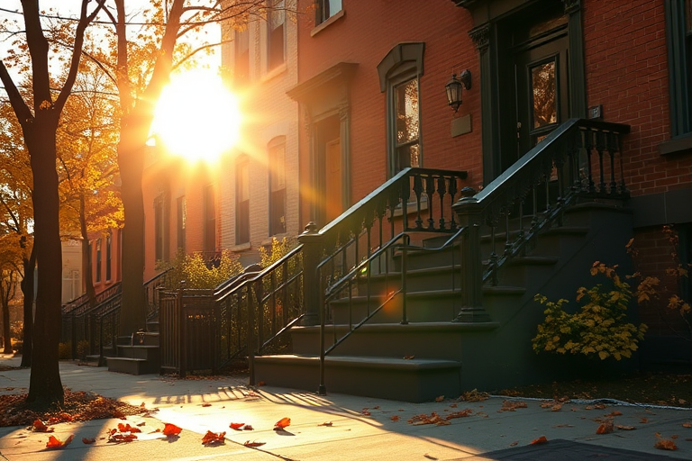Warmly lit image of a couple sitting on the steps of an old brownstone, soft golden light from the setting sun casting long shadows, with vibrant autumn leaves scattered on the sidewalk.