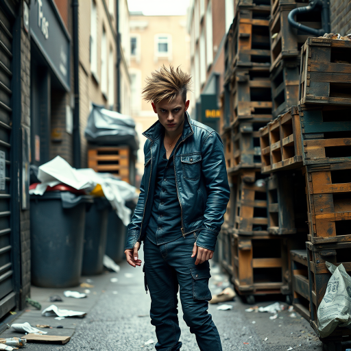 generate an ultra-realistic, highly detailed photograph of a punk. he's standing still, looking menacingly at the camera. he's in a narrow, dirty London street. there are wooden crates stacked up. overflowing rubbish bins, rubbish on the ground.