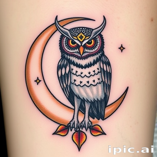 Neotraditional tattoo of a mystical owl perched on a crescent moon, combining bold lines with a soft color palette and decorative elements, titled "Nocturnal Wisdom"