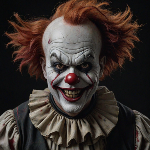 Create a hyper-realistic, dark, and eerie clown with a sinister smile, set against a black background. The clown should have exaggerated makeup with sharp, contrasting colors to enhance its menacing appearance. The overall atmosphere should be unsettling and intense, capturing a sense of horror and suspense