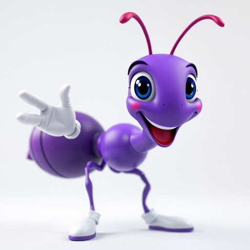 Create a vibrant cartoon character of a purple ant with a cheerful expression, wearing white gloves and shoes, digitally painted with high contrast, captured using a DSLR camera with a 50mm lens, f/1.8 aperture, ISO 100, and soft lighting for enhanced details.
