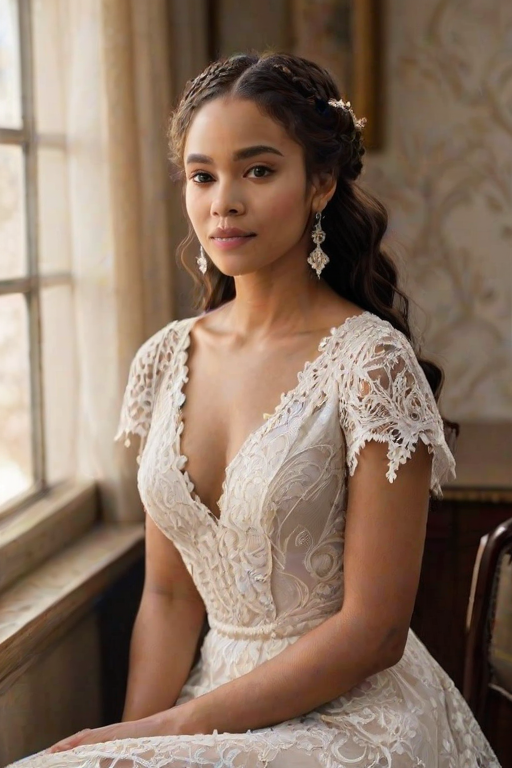Create a portrait of a refined and elegant woman seated in a sophisticated setting. She has long, wavy hair styled in two thick braids that are pulled over her shoulders. She wears a white, lace gown with intricate patterns, featuring a deep V-neckline and short sleeves. The dress exudes a vintage charm with its delicate lacework. She is adorned with ornate, dangling earrings that add a touch of glamour to her appearance. The background is softly lit, with warm, ambient lighting that creates a cozy and inviting atmosphere. Her expression is poised and serene, capturing a sense of grace and elegance.