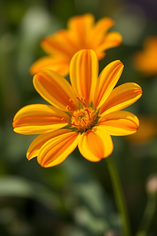 generate a close-up of a vibrant yellow and orange flower with a soft focus background in high resolution using a DSLR camera at f/2.8, ISO 100, and a 50mm lens, with natural lighting to enhance color saturation and detail.
