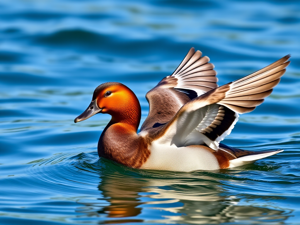 Capture a high-resolution image of a duck with a vibrant brown head and flapping wings on a serene blue lake, using a DSLR camera with a 50mm lens, aperture set to f/8, shutter speed of 1/200 sec, ISO 200, in natural lighting and a low angle view to enhance detail and clarity.