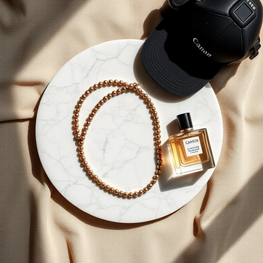 photograph a stylish flat lay of a marble tray with a beaded necklace, a black cap, and a clear perfume bottle on a textured beige fabric background, use a 50mm lens, aperture f/2.8 for shallow depth of field, natural lighting for soft shadows, and a Canon EOS R camera for high-resolution output