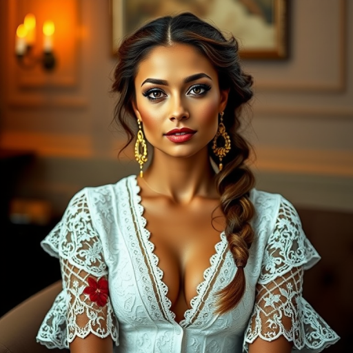 Create a portrait of a refined and elegant woman seated in a sophisticated setting. She has long, wavy hair styled in two thick braids that are pulled over her shoulders. She wears a white, lace gown with intricate patterns, featuring a deep V-neckline and short sleeves. The dress exudes a vintage charm with its delicate lacework. She is adorned with ornate, dangling earrings that add a touch of glamour to her appearance. The background is softly lit, with warm, ambient lighting that creates a cozy and inviting atmosphere. Her expression is poised and serene, capturing a sense of grace and elegance.