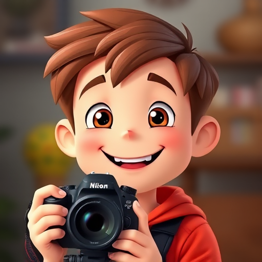 Create a high-quality cartoon image of a smiling boy with brown hair, using a DSLR camera setup, aperture f/2.8, shutter speed 1/60s, ISO 100, taken from a frontal view with a soft-focus background for enhanced clarity and color vibrance.