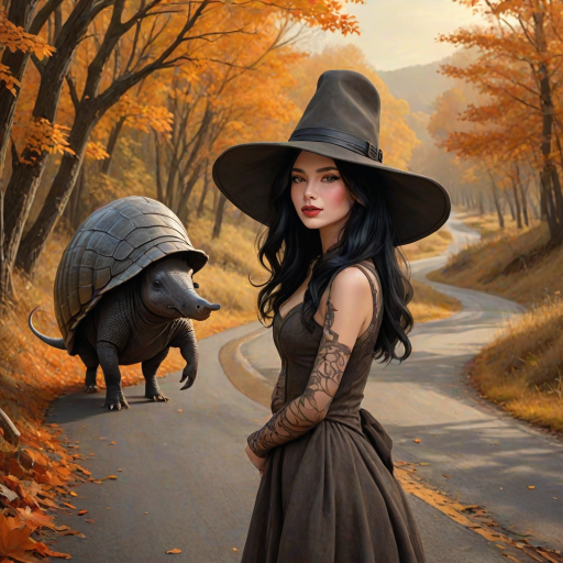 digital art fantasy depicting a strange girl with black hair, long eyelashes, orange lipstick and a tall hat walking along a winding road on an autumn afternoon, an armadillo smiles as he passes
