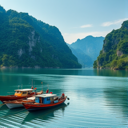 Capture a serene landscape of boats docked by a river surrounded by lush green mountains, using a Canon EOS 5D Mark IV with a 24-70mm f/2.8 lens, aperture set to f/8, ISO 100, shutter speed 1/250s, daylight white balance, and a slightly elevated angle for depth.