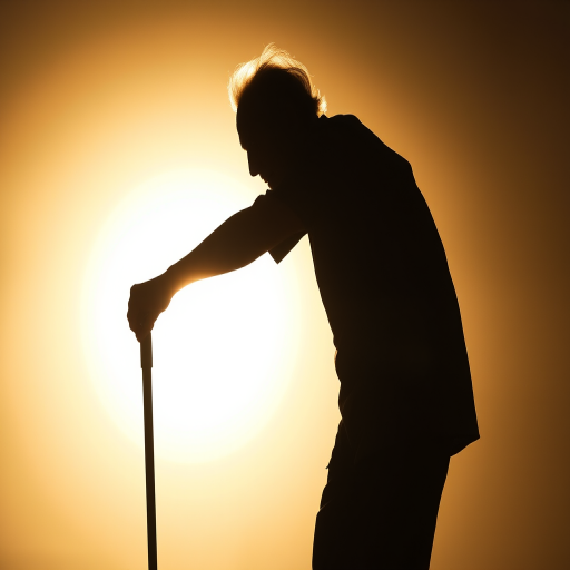 Create a high-resolution silhouette of an old, hunched figure with a cane in a dramatic pose, shot with a DSLR camera at f/2.8 aperture, 50mm lens, ISO 100, in backlight to enhance contrast and textures, capturing the essence of age and wisdom.