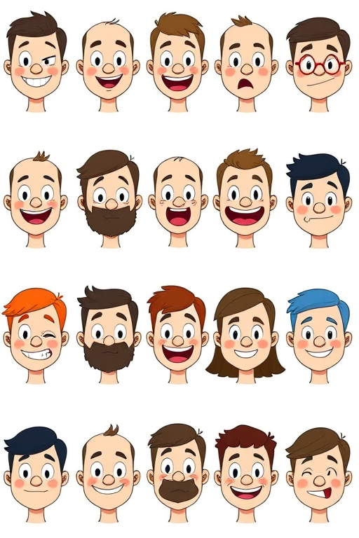 Create an illustrated grid of 12 cartoon faces, each exhibiting a different emotion, in a clean, minimalistic style, with well-defined lines and a white background; use a Canon EOS R5 with a 50mm f/1.8 lens, aperture set to f/2.8 for depth of field, ISO 100, and a shutter speed of 1/125s, shot from a straight-on perspective to enhance clarity and detail.