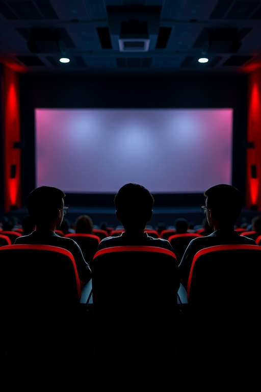 Create an image of three simplified figures sitting in a theater setting with a large screen in front, shot with a DSLR camera at f/2.8 aperture, ISO 100, 35mm focal length, using a wide-angle lens for a clear view and vibrant colors.