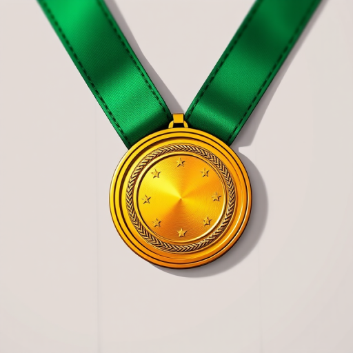 Create a detailed digital illustration of a gold medal with green ribbons, captured from a top-down view using a DSLR camera with an aperture of f/2.8, shutter speed of 1/125s, ISO 100, and a shallow depth of field to enhance the focus on the medal.