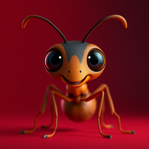 create a 3D render of a cartoon-style ant with large expressive eyes, standing confidently, high detail, vibrant colors, studio lighting, camera type: DSLR, aperture: f/2.8, shutter speed: 1/100s, ISO: 200, focal length: 50mm, view angle: front view, background: gradient from red to dark blue to enhance contrast