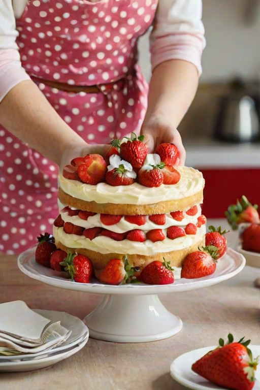 Generate an image of a beautifully decorated cake with layers of sponge, strawberries, and custard. The cake should have a smooth white frosting on top and be garnished with fresh strawberries. Include a person holding a plate with a slice of the cake, wearing a polka dot apron. The background should be a cozy kitchen setting.