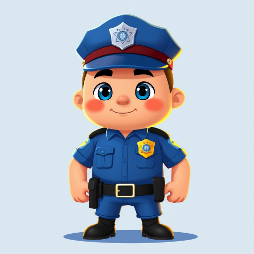 Create a cartoon character of a police officer with a blue uniform and a prominent badge, full body view, vibrant colors, 4K resolution, use a digital art style, and ensure the lighting highlights the character's features.