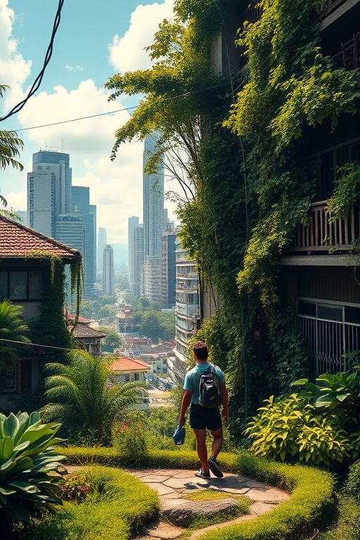 a scenic view of a lush, overgrown urban landscape with two characters standing hand in hand, capturing a sense of adventure and companionship, taken with a DSLR camera at f/4 aperture, ISO 200, 50mm lens, natural lighting, wide-angle view