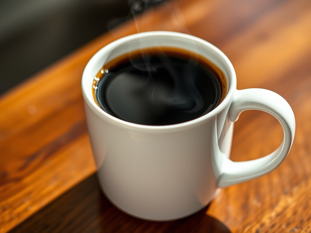 Create a realistic image of a steaming cup of black coffee in a white ceramic mug with a glossy finish, shot from a 45-degree angle, using a DSLR camera with a 50mm lens at f/1.8, ISO 100, and natural lighting to enhance contrast and details.