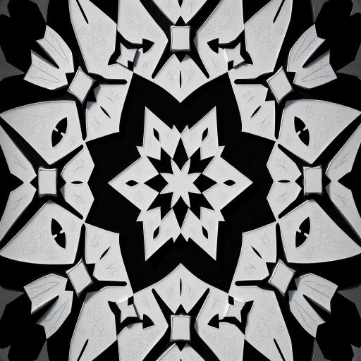 Create a high-contrast black and white geometric pattern featuring interlocking shapes and stars arranged in a symmetrical design, captured with a Canon EOS R5, 50mm lens, f/8 aperture, ISO 100, top-down view, soft natural lighting.