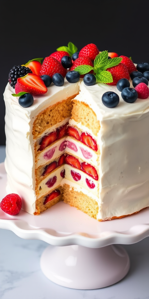 A beautifully layered cake with multiple layers of sponge cake and whipped cream filling decorated with fresh strawberries raspberries blackberries and blueberries on top with a touch of mint leaves showing a slice cut out revealing the colorful layers inside placed on a white cake stand.