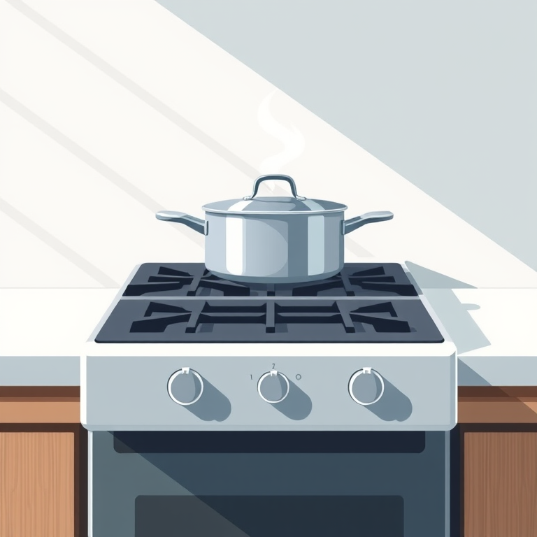 Create a high-resolution vector illustration of a modern stove and pot with a focus on clean lines and minimalistic design, angled view, using a professional digital camera with a 50mm lens at f/2.8, ISO 100, with natural soft lighting to enhance shadows and highlights.