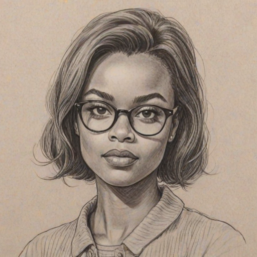 Appealing Ashleigh Murray, pencil sketch, portrait of Pleasing woman 1961s in glasses, hair style beatnik, outline, clear lines, fine lines, 8k