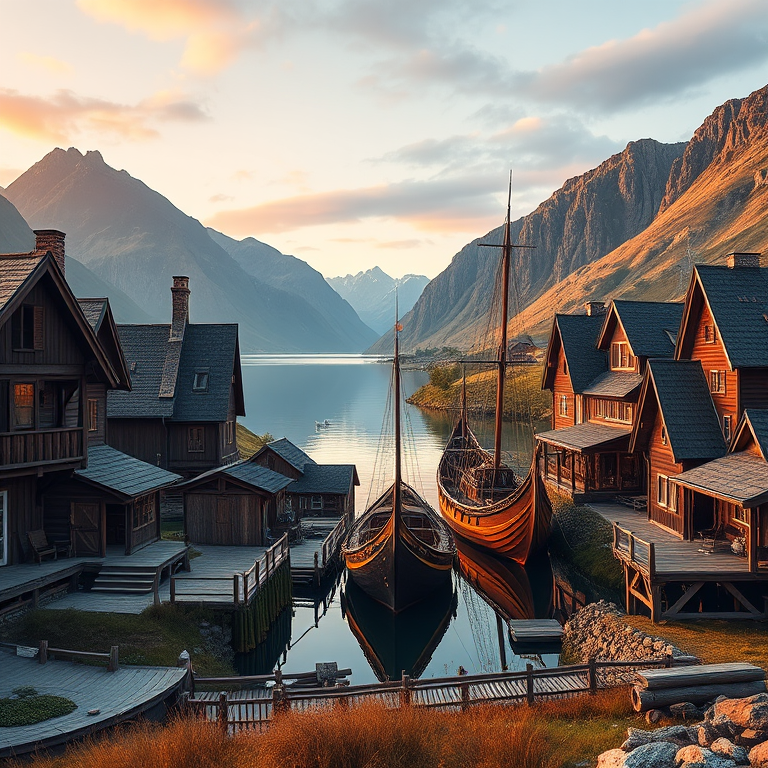 Create a high-resolution image of a Viking village with intricate wooden structures, a large Viking ship docked in a serene harbor, surrounded by mountains, captured with a DSLR camera at f/8 aperture, ISO 100, using a wide-angle lens at 24mm, during golden hour for warm lighting and enhanced color contrast.