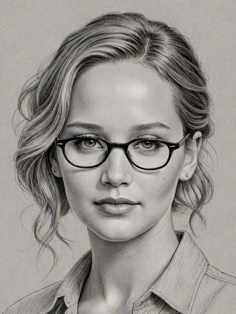 Elegant Jennifer Lawrence, pencil sketch, portrait of Fetching woman 1942s in glasses, hair style beatnik, outline, clear lines, fine lines, 8k