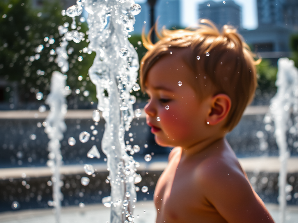 Blurry candid shot of a child playing in a fountain on a hot summer day, water droplets caught mid-splash, with soft sunlight creating rainbow reflections in the mist and distant city buildings in the background.