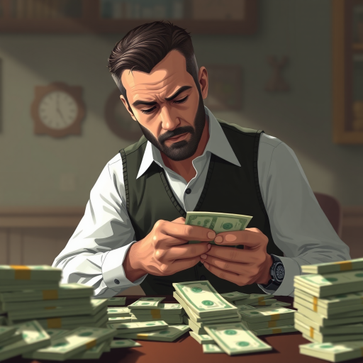 Create a digital illustration of a man in a vest counting money, sitting at a table surrounded by stacks of cash, with a focus on the man's concentrated expression, using a 50mm lens, f/2.8 aperture, natural lighting, and a shallow depth of field to enhance the image quality.