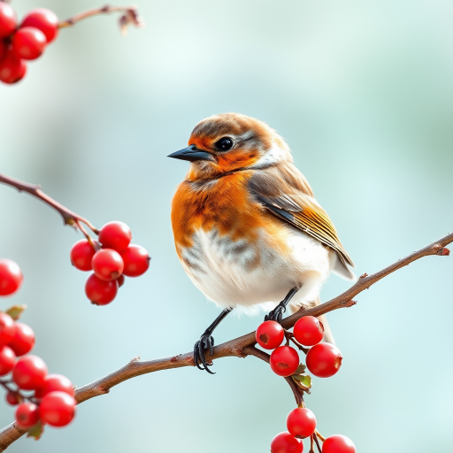 Regenerate an illustration of a bird perching on a branch with red berries, using a macro lens at f/2.8 aperture, ISO 100, shot from a slightly elevated angle, with natural light to enhance detail and color vibrancy in a watercolor style.
