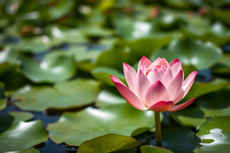 A pink lotus flower amidst green lily pads in a serene pond, captured with a DSLR camera using a 50mm lens, aperture f/2.8, ISO 100, in bright daylight with a shallow depth of field for enhanced focus on the flower and a blurred background.