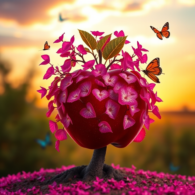 Create an enchanting image of a large red apple transformed into a tree, featuring vibrant pink and purple leaves, butterflies fluttering around, set against a dreamy sunset background, using a Canon EOS R5, 50mm f/1.2 lens, f/4 aperture, ISO 100, with HDR photography style for enhanced details and vivid colors.