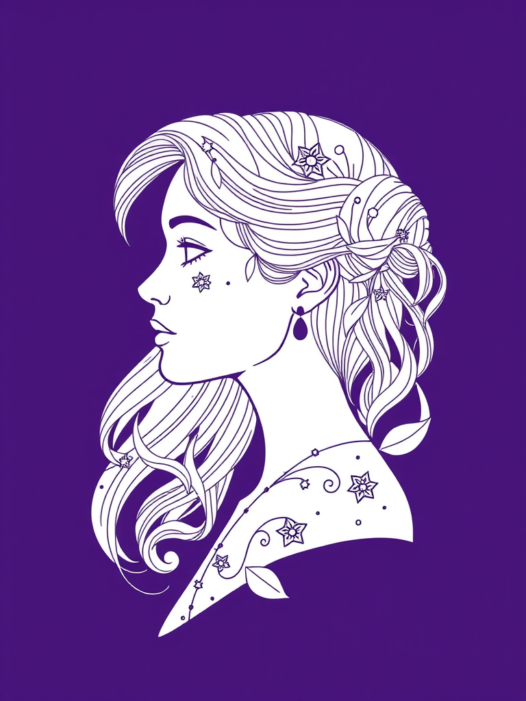 Create a detailed line art illustration of a woman's profile representing Virgo, with intricate designs of stars and leaves, set against a deep purple background, using a Canon EOS R5 camera, f/1.8 aperture, 50mm lens, soft focus style for enhanced clarity and depth.