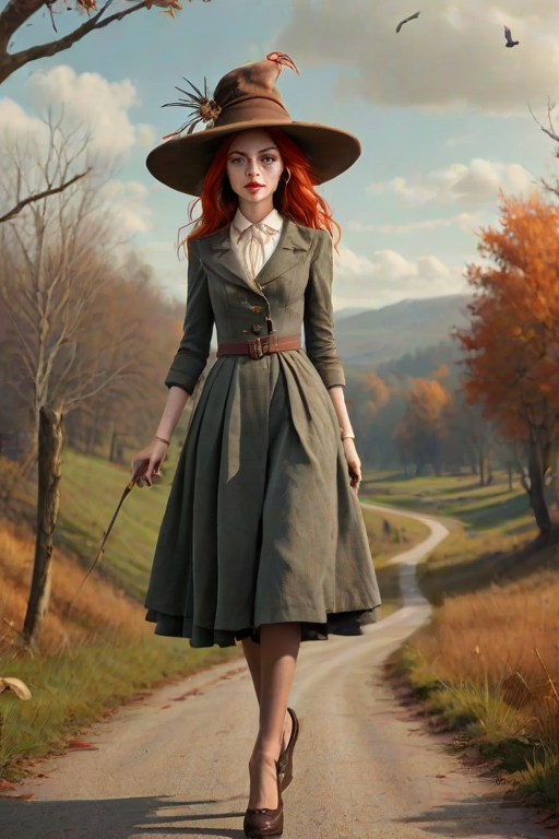 digital art fantasy depicting a strange girl with red hair, long eyelashes, brown lipstick and a tall hat walking along a winding road on an autumn afternoon, an Stork smiles as she passes