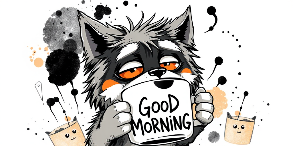 A quirky, artistic illustration of a disheveled shikoku dog breed with exaggerated, large eyes and spiky fur, holding a coffee mug that reads "Good Morning". The dog has a tired but humorous expression, with ink splatters and abstract details surrounding it, giving a whimsical feel to the image. The color palette is mostly monochrome with hints of orange in the eyes and steam rising from the mug, enhancing the overall sleepy vibe