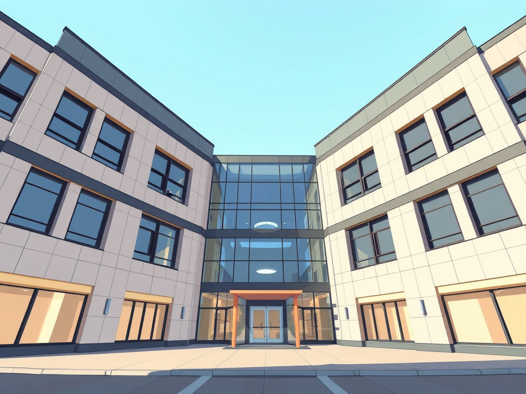 Create a high-resolution illustration of a modern building facade with a symmetrical design, wide-angle view using a DSLR camera at f/8 aperture, ISO 200, 24mm lens, natural daylight, and a clean background to highlight architectural features.