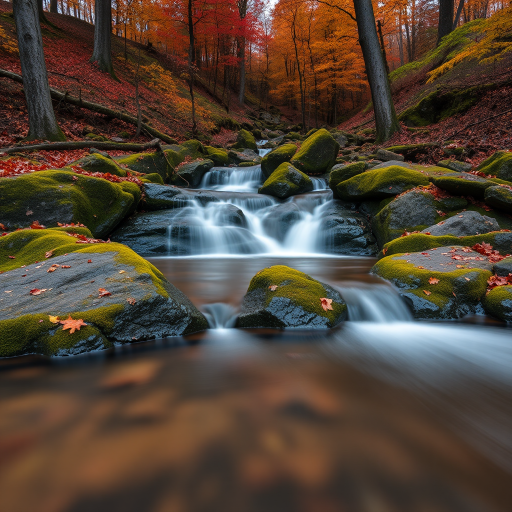capture a serene woodland scene with a waterfall cascading over mossy rocks surrounded by vibrant autumn foliage, use a Canon EOS R5 with a 24-70mm f/2.8 lens, aperture set to f/11 for depth of field, ISO 100 for clarity, and a shutter speed of 1 second to create motion blur in the water, shoot from a low angle for dramatic perspective and use a polarizing filter to enhance colors and reduce reflections.