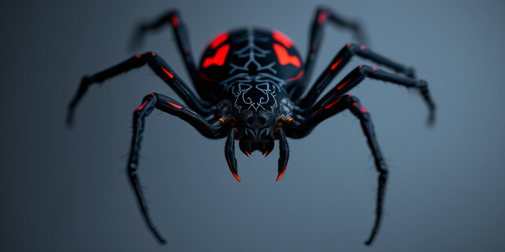Create a highly detailed digital illustration of a stylized spider with intricate black lines and vibrant red accents, using a Canon EOS R5 camera, 50mm f/1.2 lens, ISO 100, shutter speed 1/200s, ensuring a sharp focus and depth of field to emphasize the spider's features against a clean background.
