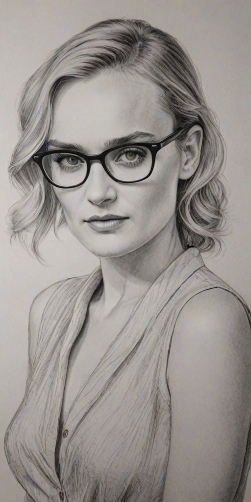 Comely Diane Kruger, pencil sketch, portrait of Beauteous woman 1938s in glasses, hair style beatnik, outline, clear lines, fine lines, 8k