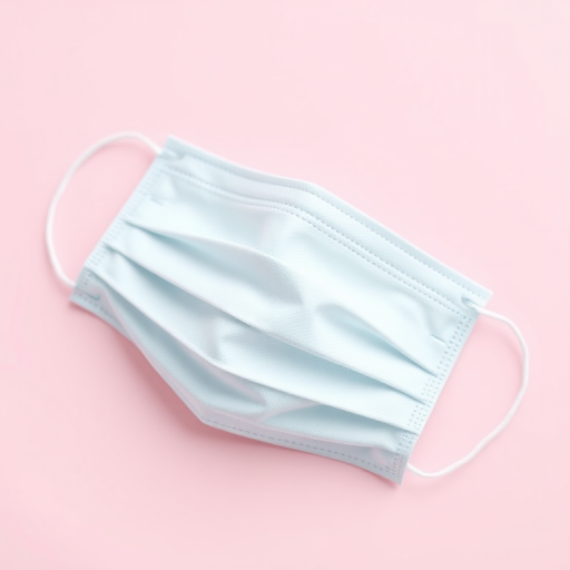 create a high-resolution vector illustration of a surgical mask on a light pink background, focus on details of the mask texture and layers, use a soft focus lens, employ a shallow depth of field, set aperture to f/4, ISO 100, and a 35mm lens.