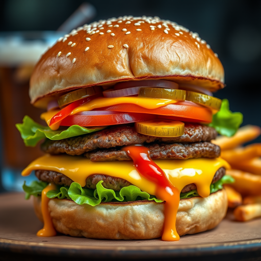 High-resolution, close-up image of a gourmet double cheeseburger. The burger features a glossy, sesame-seed-topped brioche bun. Inside, there are two thick, juicy beef patties, each topped with melted cheddar cheese. The burger is garnished with fresh lettuce, tomato slices, diced onions, and pickles. A generous amount of ketchup and a creamy, orange-colored sauce is dripping down the sides, adding to the mouth-watering appeal. In the background, there are blurred elements including a side of golden French fries and a hint of a beverage, enhancing the overall presentation of a delicious meal.