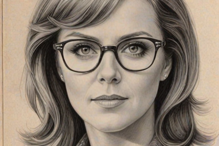 Captivating Amanda Tapping, pencil sketch, portrait of Bewitching woman 1933s in glasses, hair style beatnik, outline, clear lines, fine lines, 8k
